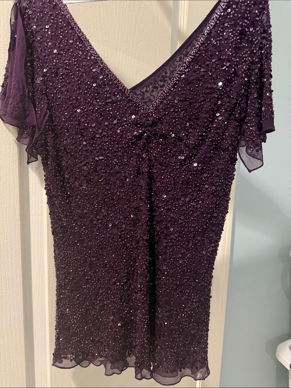 Adrianna Papell Plum Sequin V-Neck Evening Blouse